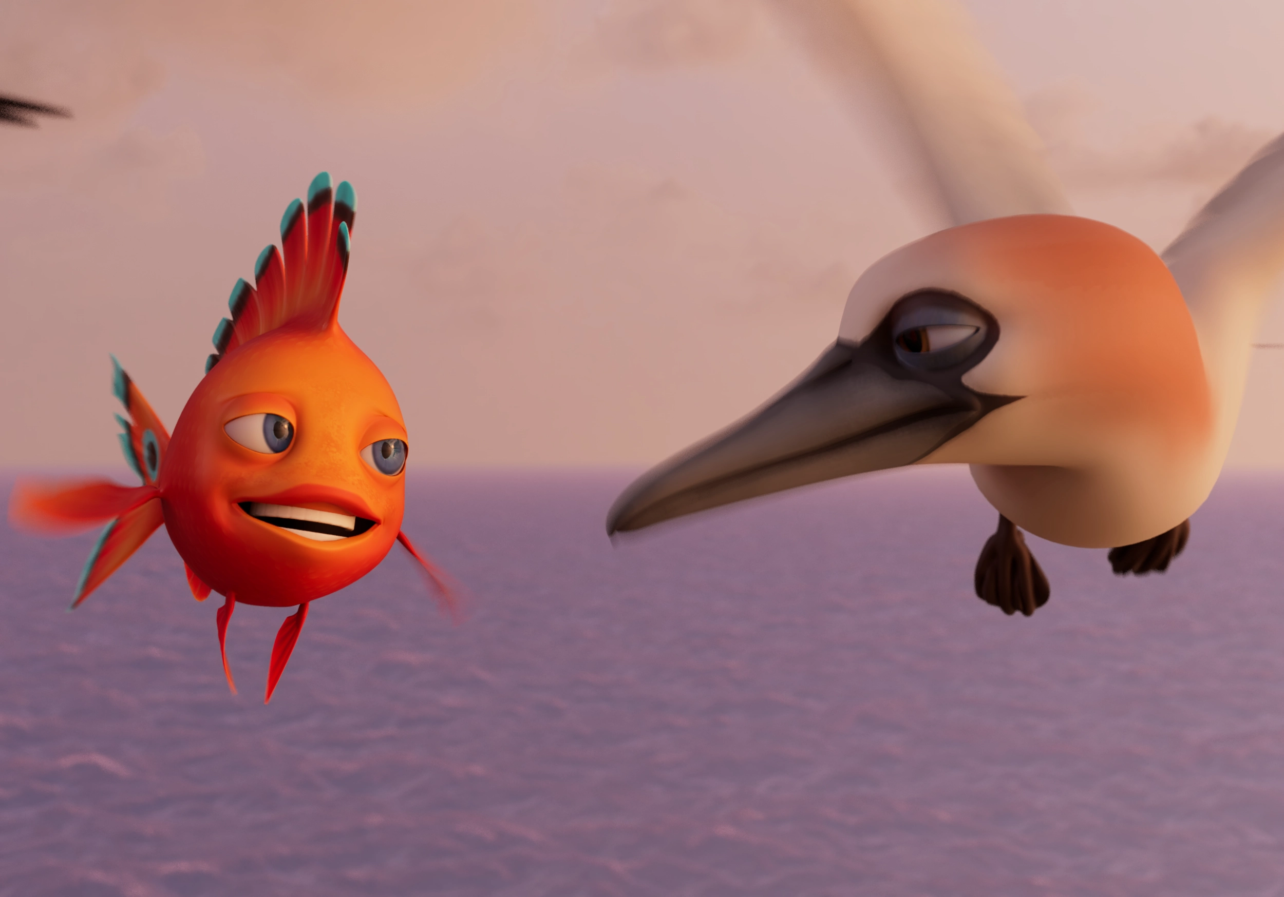Animerad bild på en fisk och en fiskmås